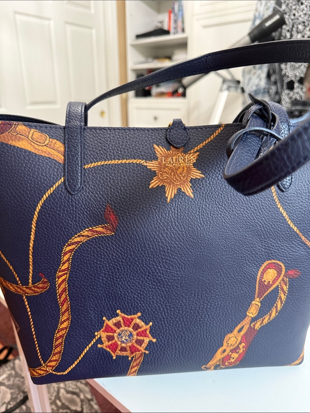 Lauren Ralph Lauren 16x10” navy nautical tote 16” x 10”.   Cosmetic bag. NWOT - Picture 6 of 9